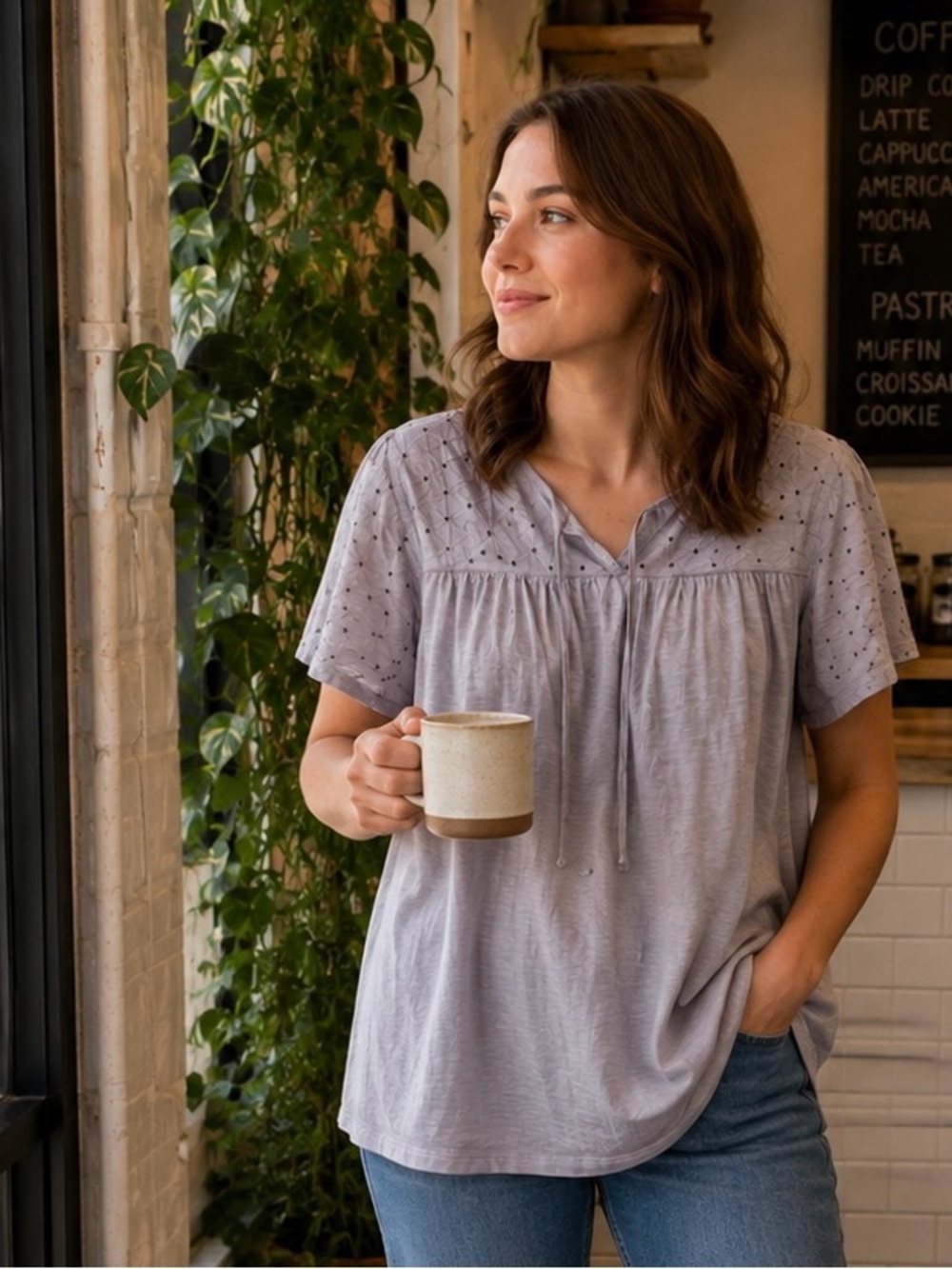 Lane Bryant Lavender Eyelet Yoke Short-Sleeve Tunic